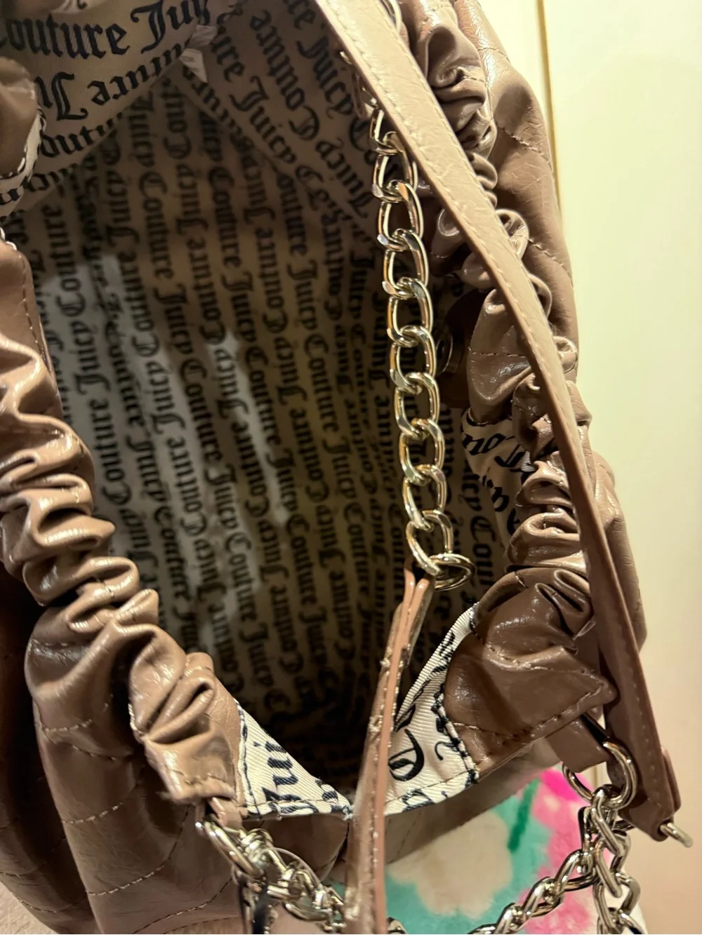 Juicy Couture Soft Spoken Tote bag color iced coffee with silver chain NWT
